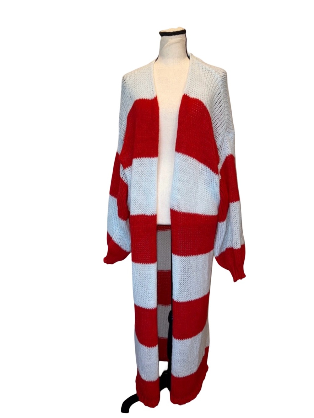Women’s Crochet Knit Open Duster Cardigan Color Block Blue Red Approx Size L/XL